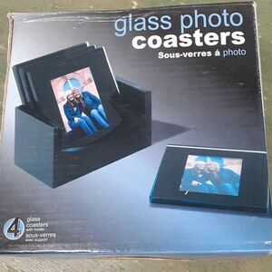 Glass Photo Coasters Set of 4 with Solid Wood Holder NIB